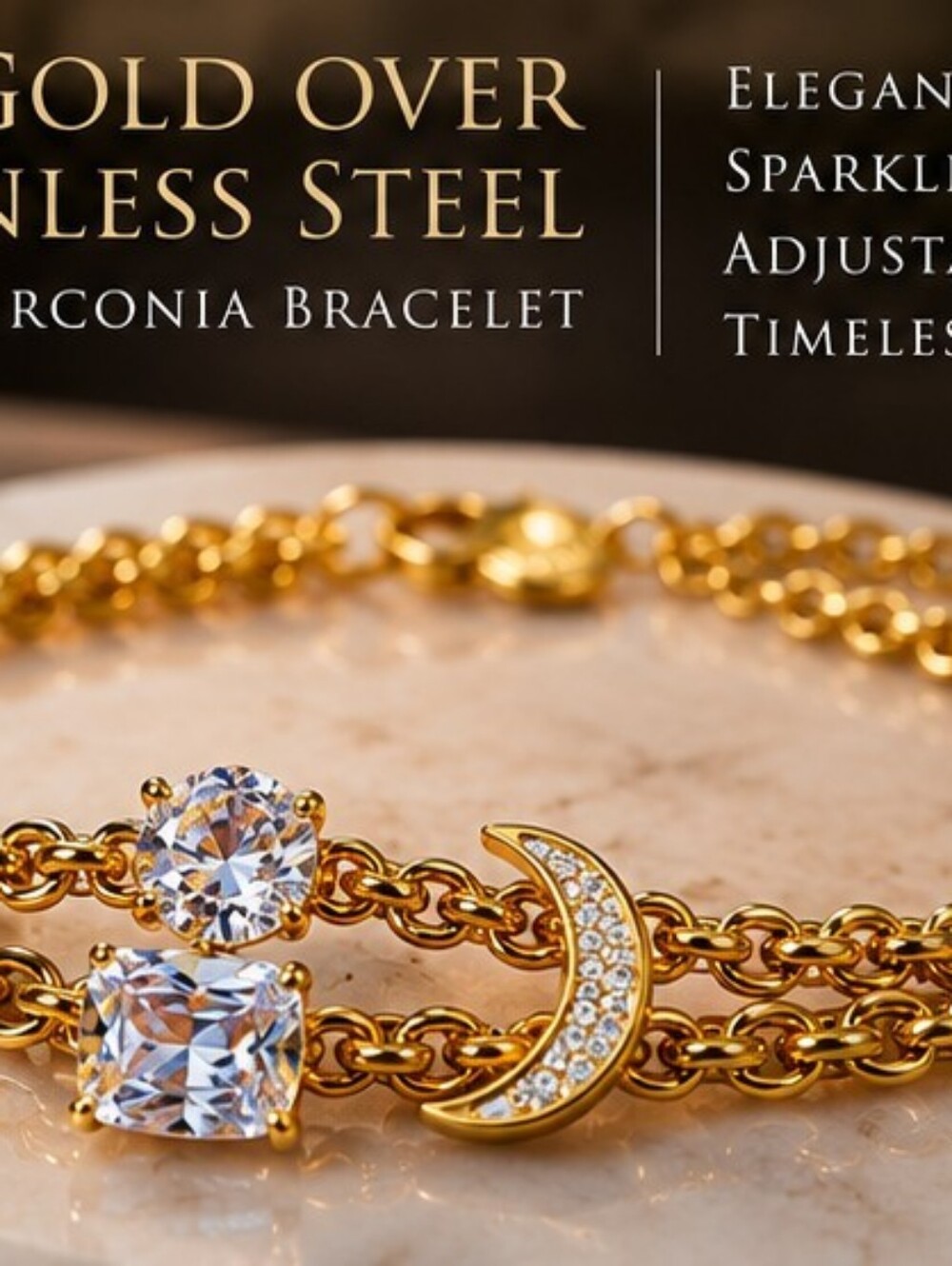 18K Gold Over Stainless Steel CZ Wide Link Bracelet 38g 7 Inch